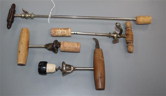 Two American champagne or soda taps and two bell cap corkscrews, (4)